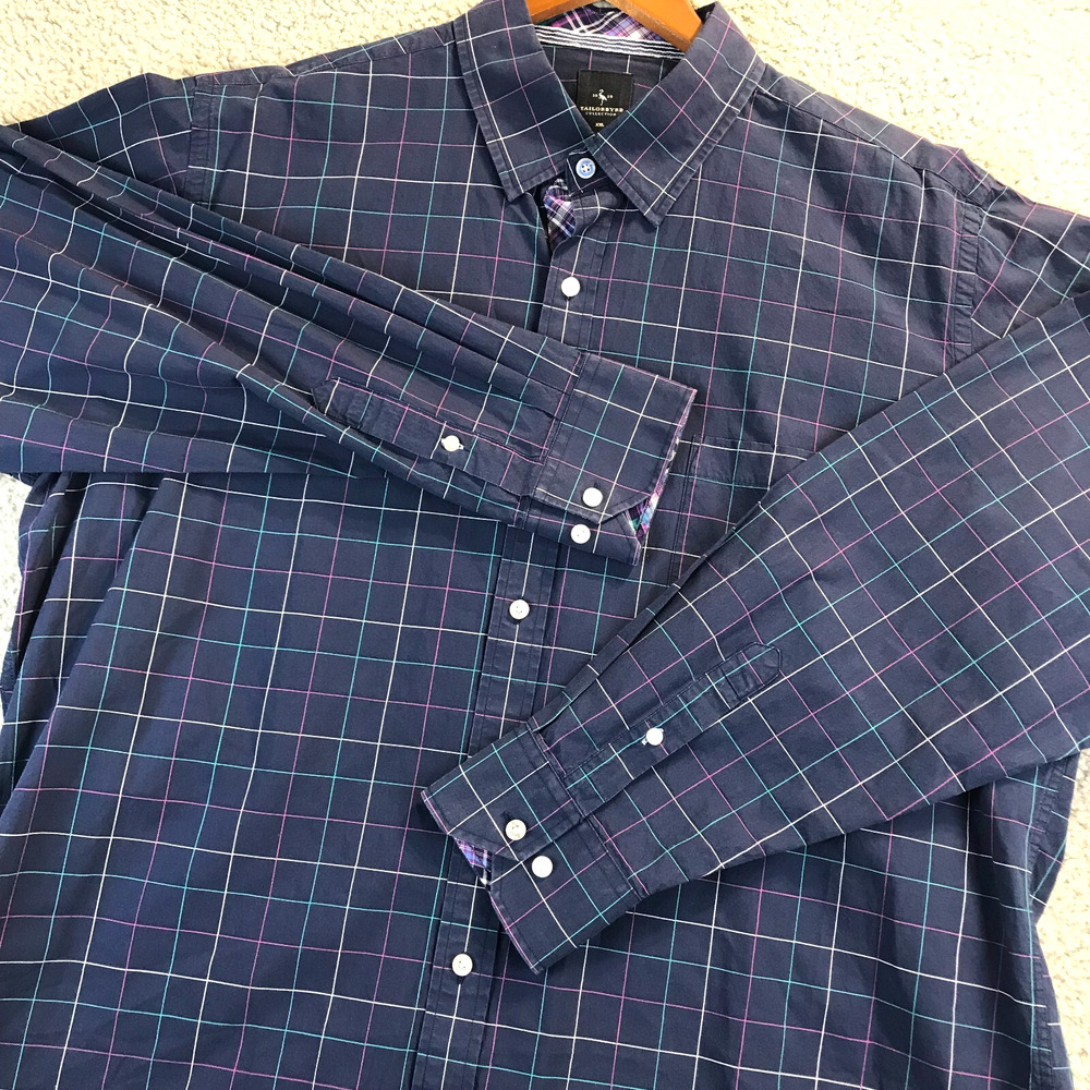 Tailorbryd Mens Long Sleeve Dress Flip Cuff Shirt 2XL Blue Plaid Button Up
